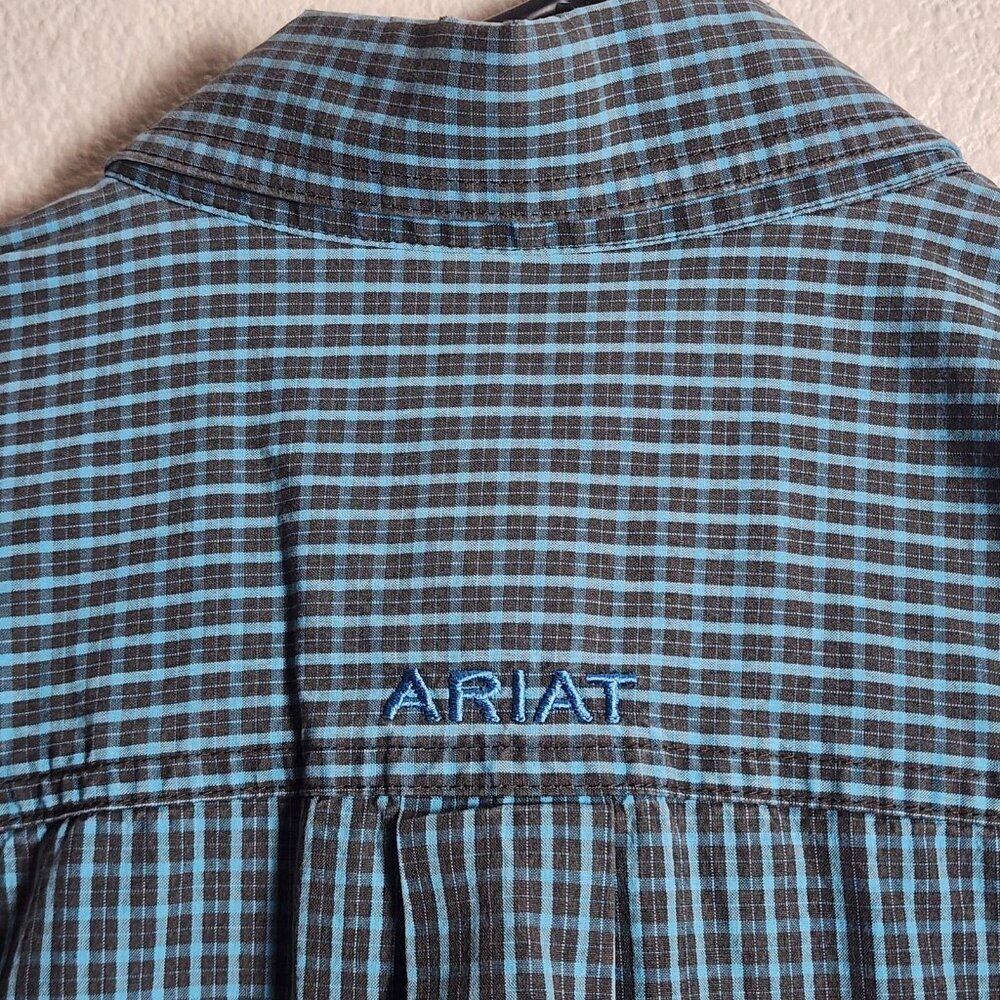 Ariat Shirt Mens Medium Blue Brown Plaid Pro Series Fitted Western Button Down - Picture 10 of 12